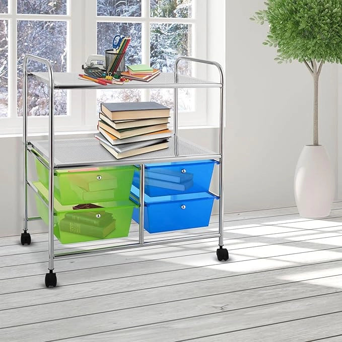 Carrello con 4 Cassetti e 2 Ripiani, Carrello Portaoggetti con Ruote per Cucina Bagno Ufficio, Multiuso, 58,5x37x75 cm (Blu+Verde)
