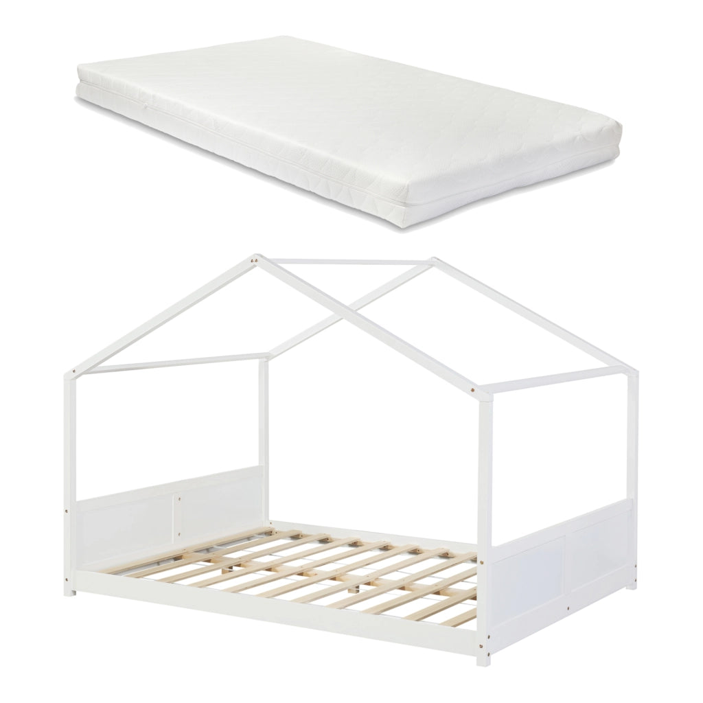 Letto per Cameretta Simo a Casetta con Materasso 140 x 200 cm in Legno di Pino - Bianco [en.casa]
