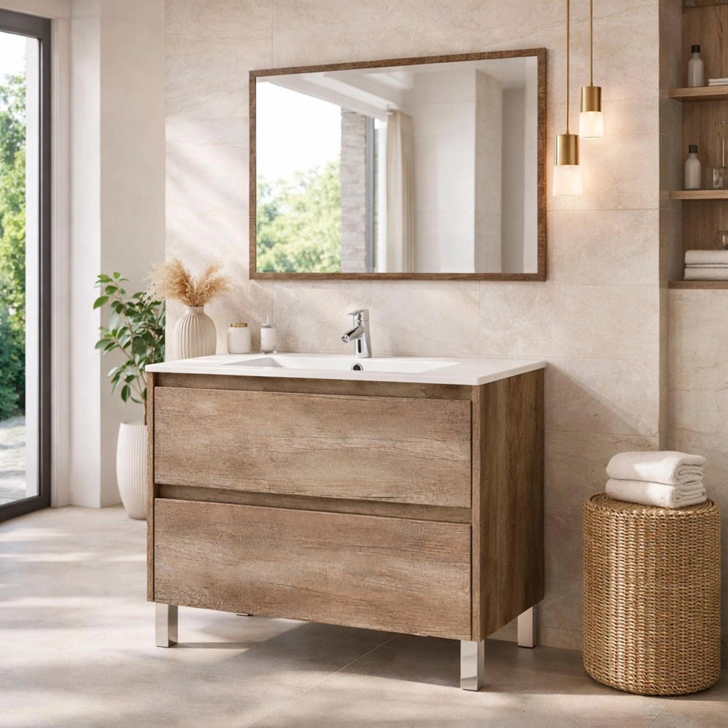 Mobile Bagno Con Lavandino In Ceramica E Specchio Abbinato 2 Cassettoni Ammortizzati Stile Essenziale 80 x 45 x 80 Cm Finitura Quercia