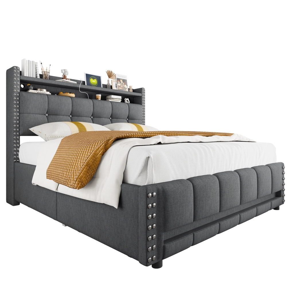 Letto imbottito 160x200 cm grigio con LED, USB, ripiani e cassetto contenitore