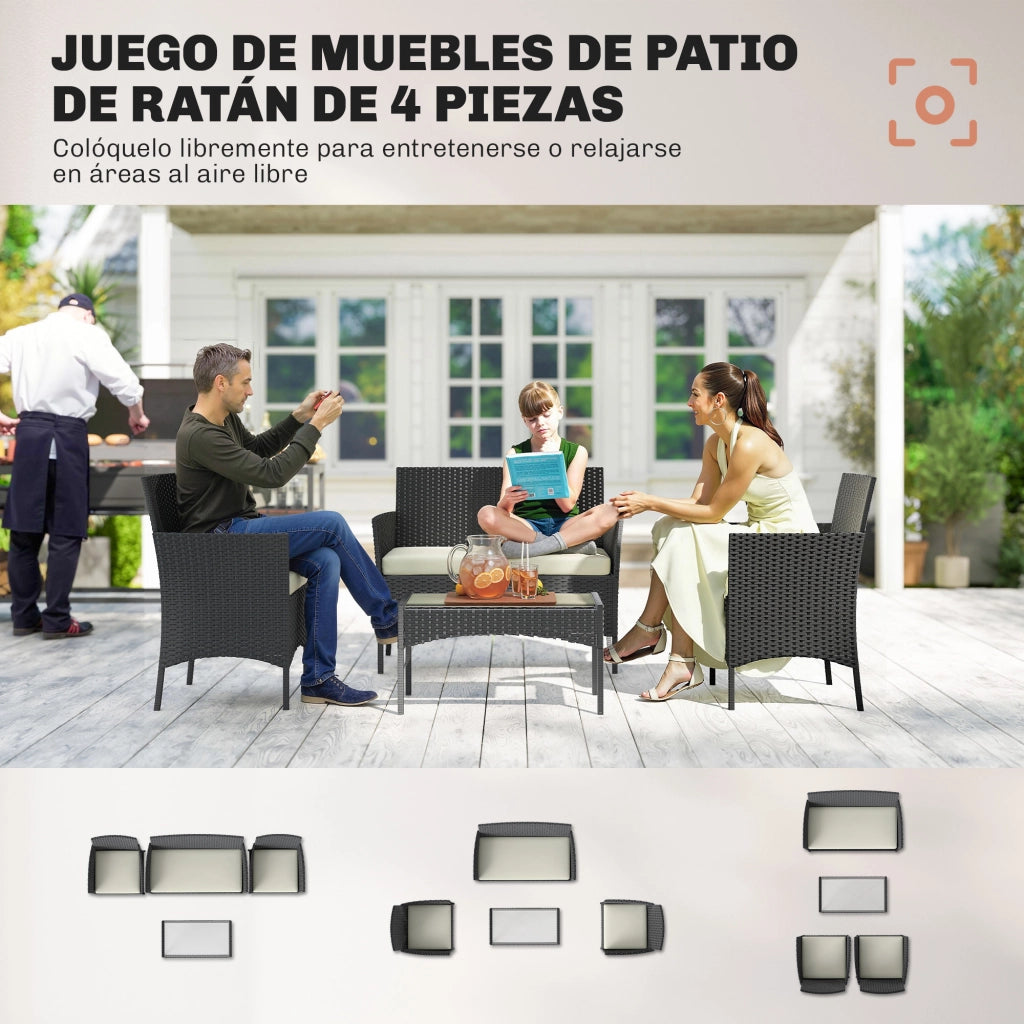 Set Divano Giardino in Polyrattan con Tavolino Vetro e Cuscini ¨C Zephmum ¨C Nero e Crema