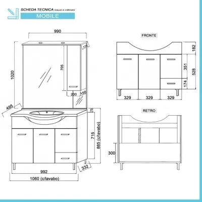 Mobile bagno da terra 105 cm rovere grigio completo di specchio con pensile e LED