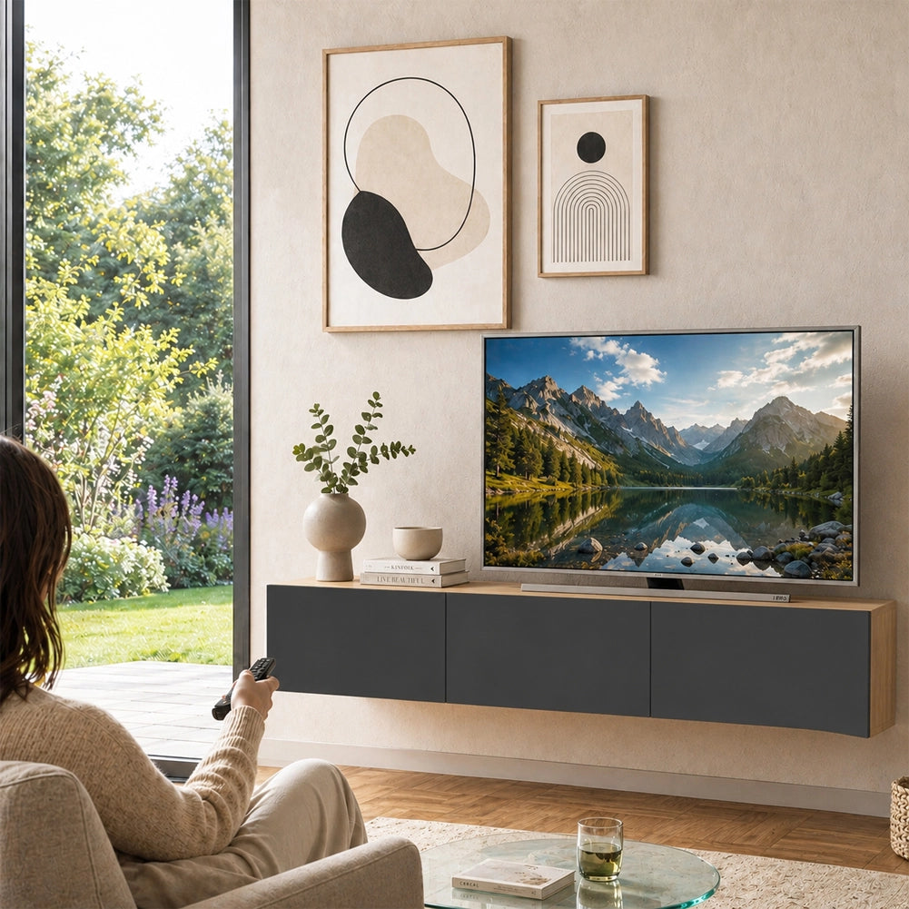 Mobile TV sospeso 180x30cm FRANCY Quercia e Antracite 3 Ante a Ribalta Parete