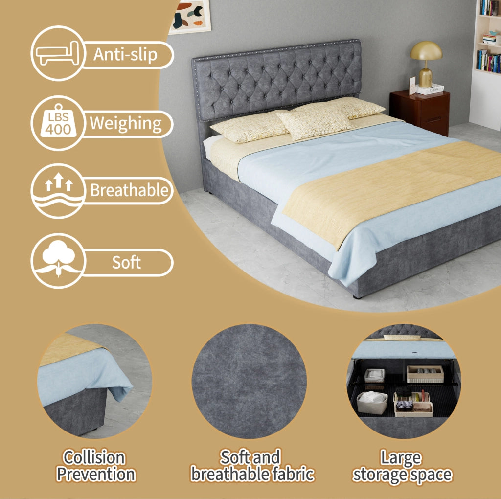 Letto 140x200 cm in velluto olandese grigio con testiera alta e doghe in legno