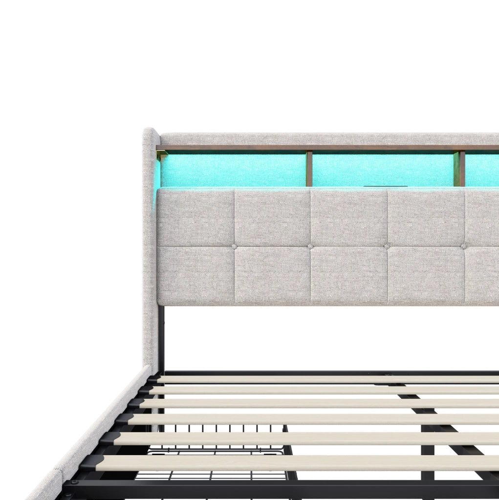 Letto con contenitori estraibili laterali e LED; legno massello e MDF; beige