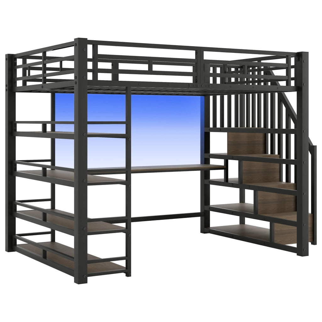 Letto a soppalco 140 × 200 cm con scrivania integrata, ripiani, LED, stazione di ricarica USB et metallo nero, senza materasso