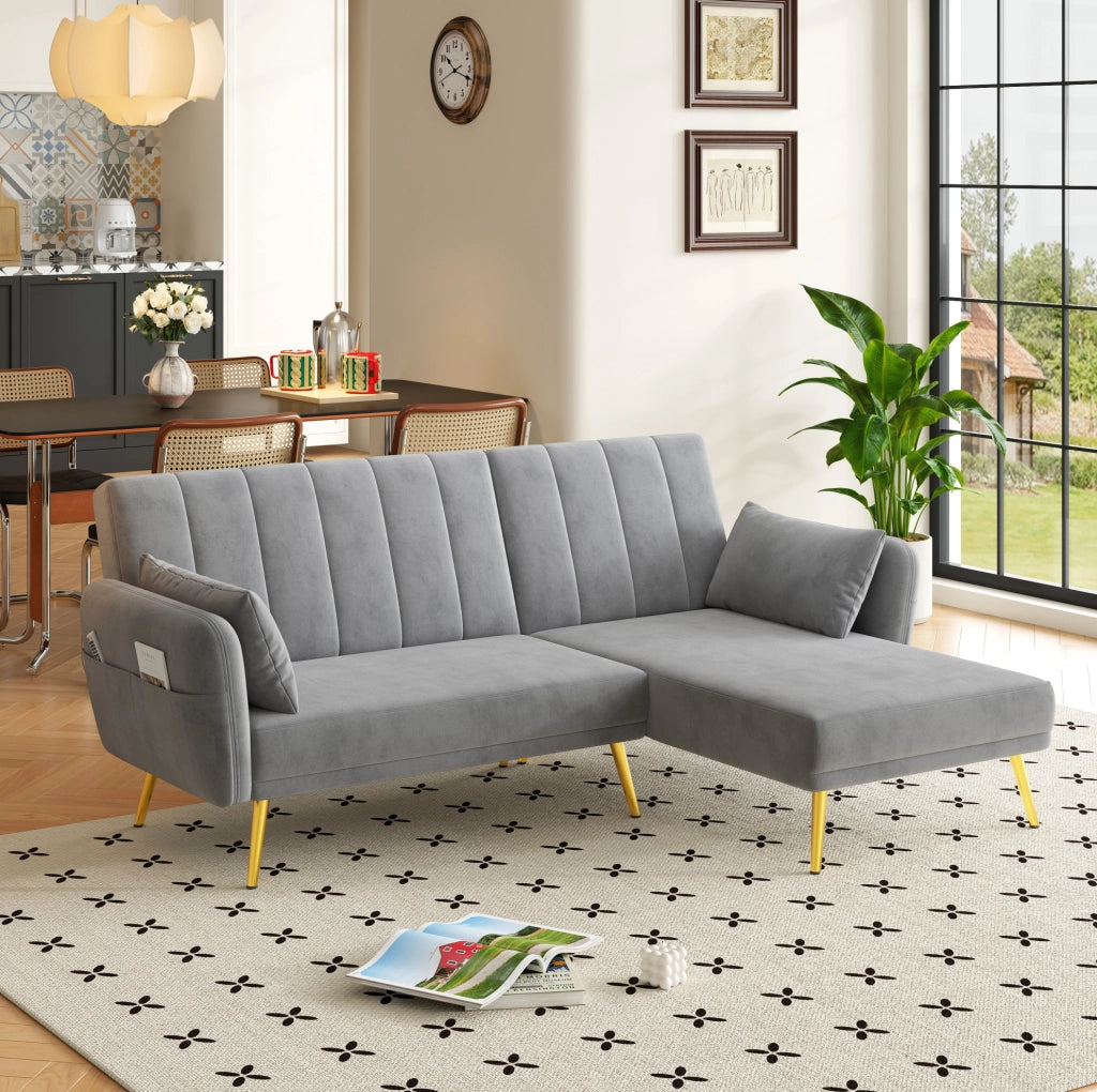 Divano angolare multifunzionale con funzione letto; chaise longue reversibile; 191;5x130;5x80 cm; grigio