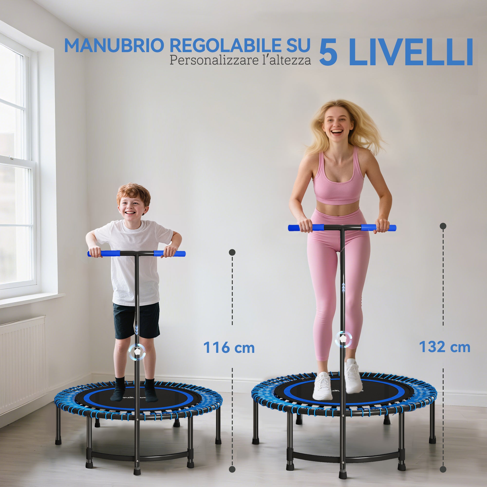 Trampolino Fitness Ø145 cm con Manubrio Regolabile su 5 Posizioni 36 Molle Bungee e Capacità 150 kg Telaio in Acciaio