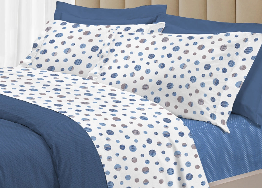 Completo Lenzuola Letto 100% Cotone Made Italy 3027 Disegno Dandy - Piazza E Mezza - Blu