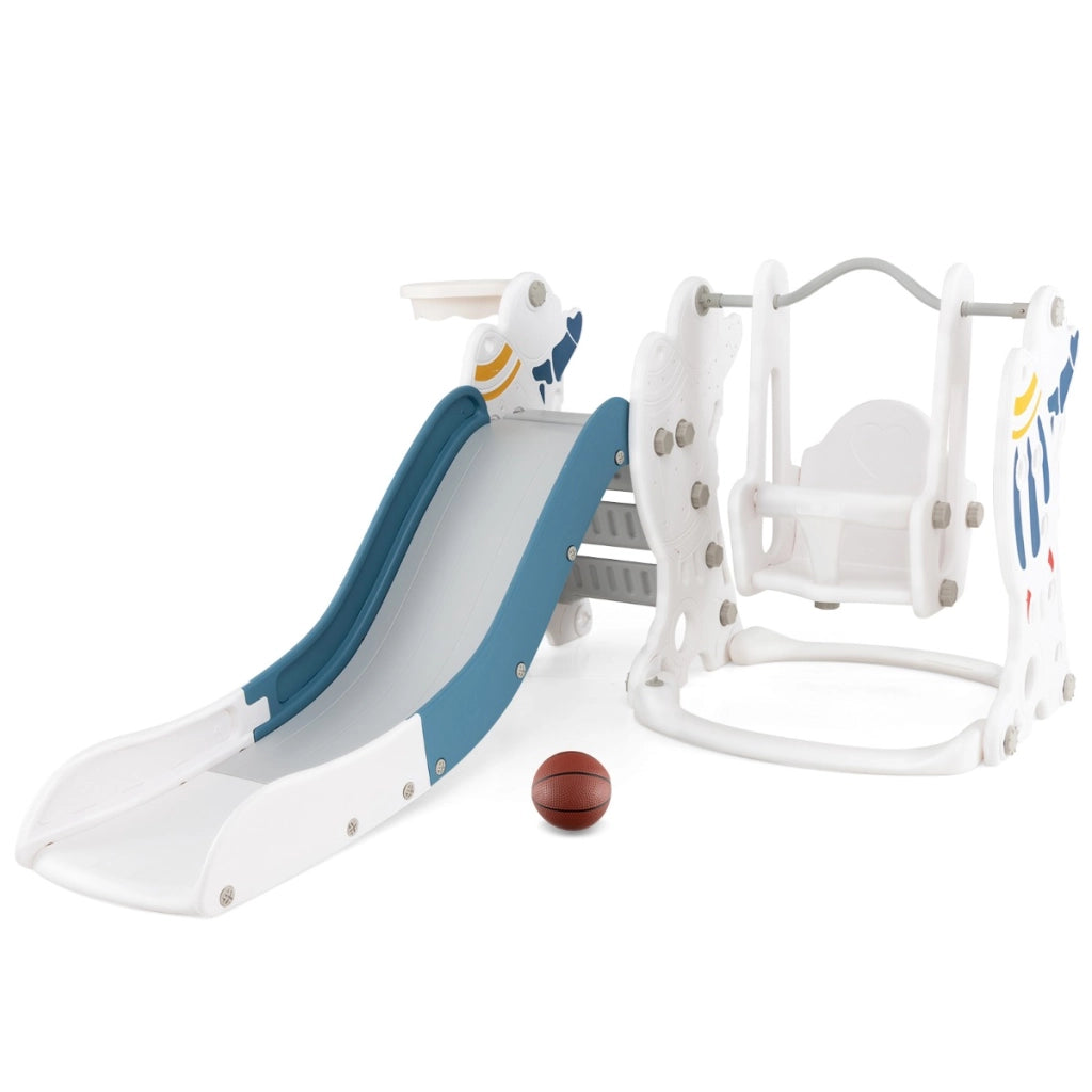 Set di scivolo e altalena per bambini con scivolo esteso altalena canestro da basket e arrampicata, Set di gioco Blu-Arrampicate e scivoli
