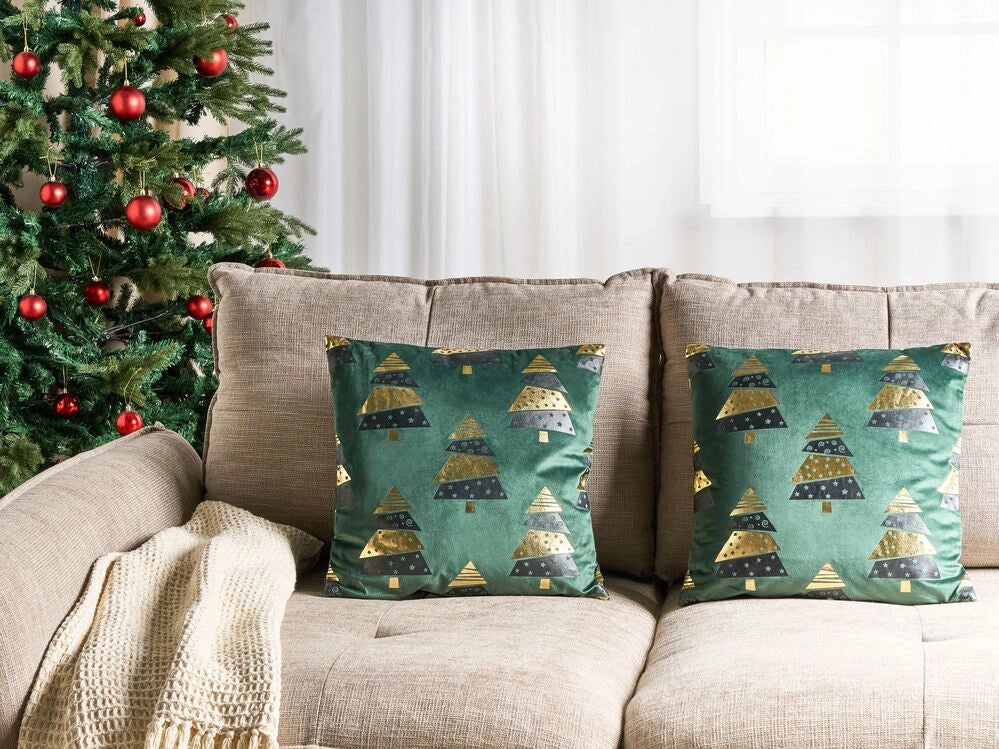 Set di 2 cuscini in velluto con stampa alberi di Natale verde sfoderabili 45 x 45 cm soggiorno camera da letto