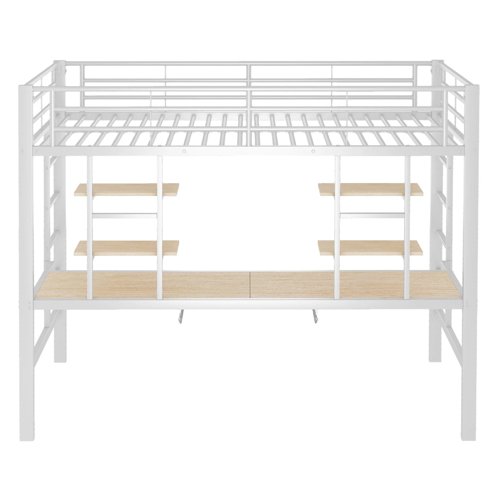 Letto a soppalco 90 × 200 cm con scrivania, 2 librerie e scala, senza materasso, in metallo bianco