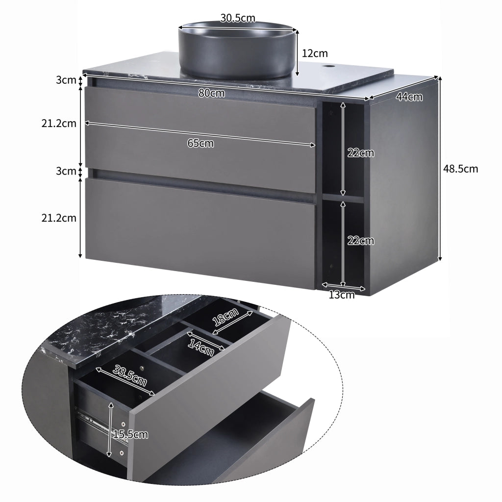 Mobile sottolavabo con cassetti e vano aperto; lavabo rotondo in ceramica; per bagno; in MDF; nero e grigio