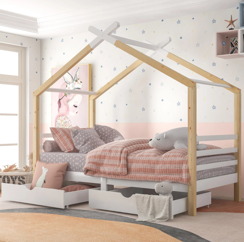 Letto a casetta per bambini con cassetti e rete a doghe