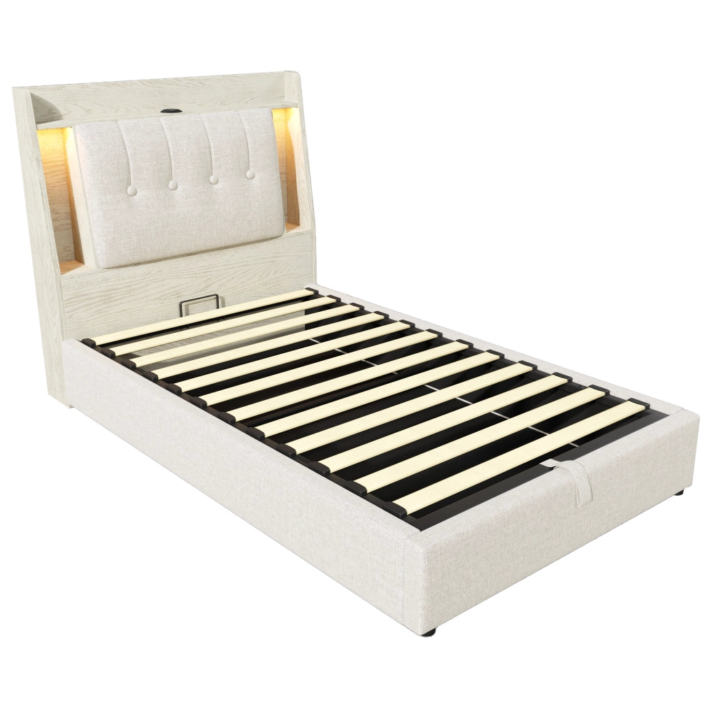 DESMIU Lit con contenitore 90 × 200 cm 1 posto con USB, Type-C, LED, senza materasso, in lino, beige