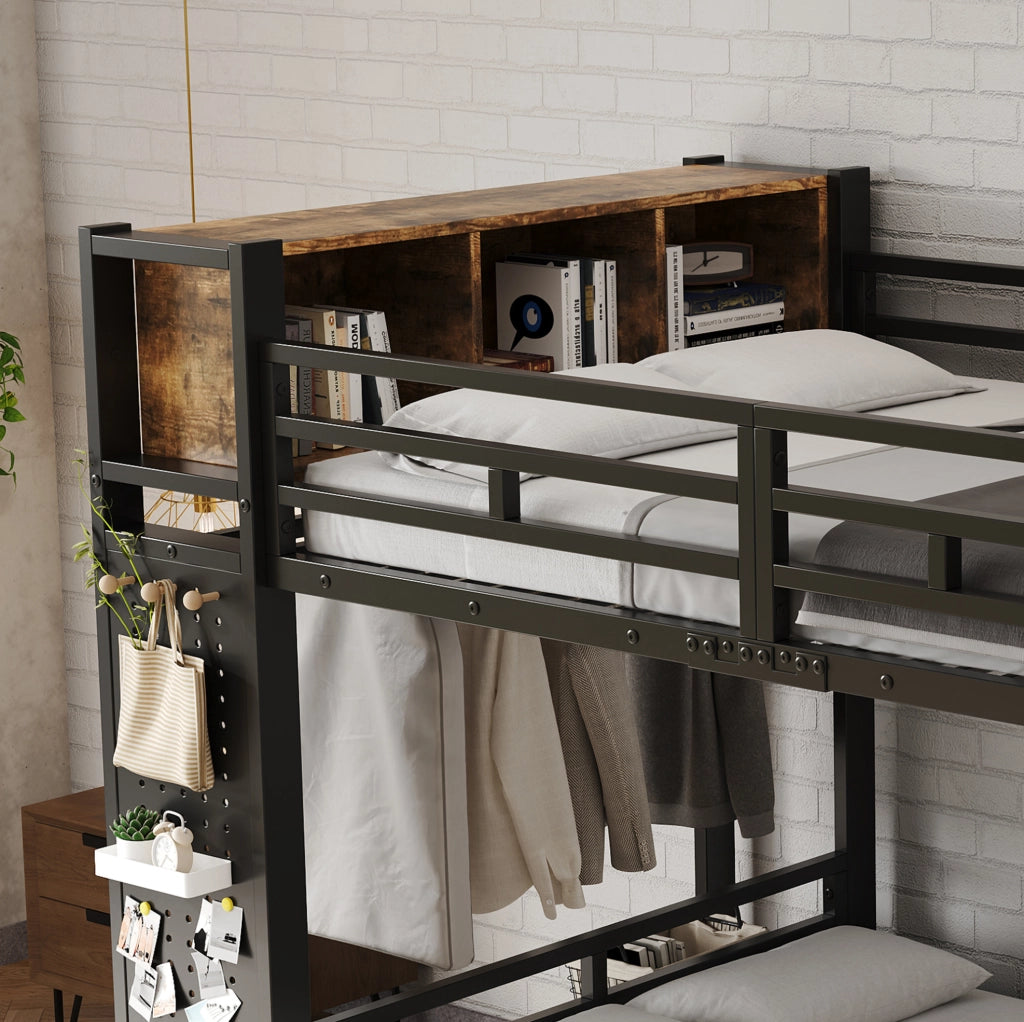 Etagenbett in metallo nero 120x200 cm con armadio; cassetto e vani portaoggetti