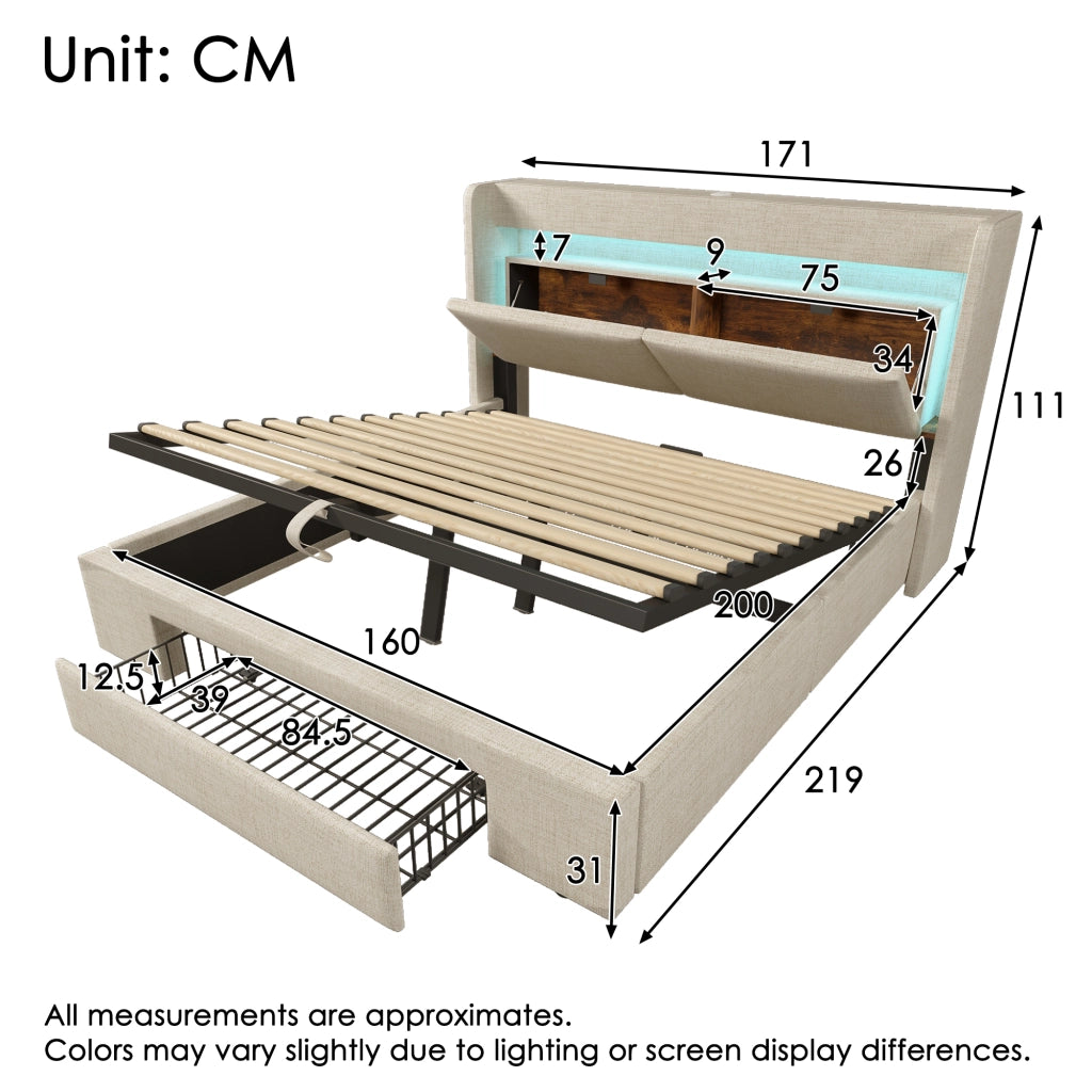 Letto imbottito in lino beige 160x200 vano idraulico testiera con scomparto LED USB