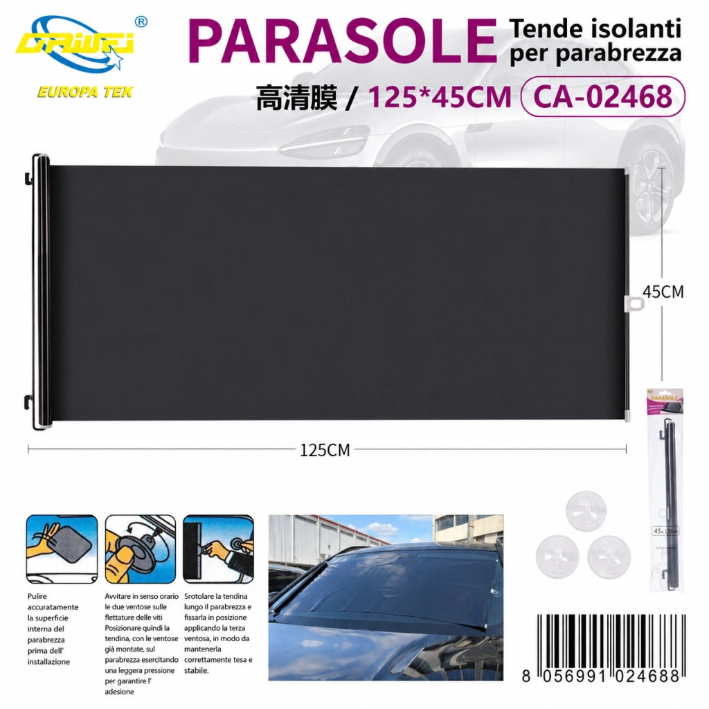 TENDINA PARASOLE AVVOLGIBILE PER AUTO 125x45CM PARABREZZA OSCURANTE CA-02468