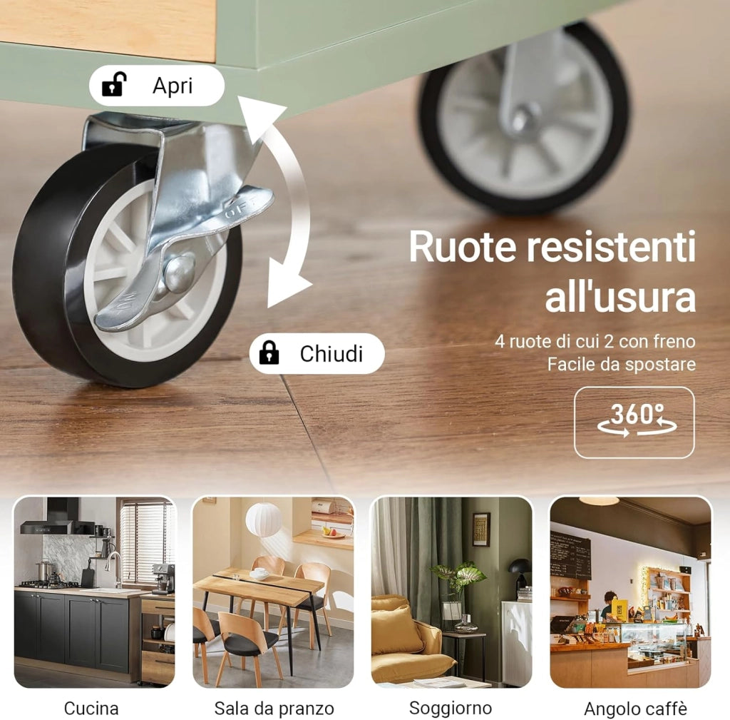 Carrello da Cucina con Ruote Isola Cucina con Piano di Lavoro in Legno Carrello Salvaspazio per Sala da Pranzo Verde e Naturale 109 × 40 × 92 cm FKW114-GR