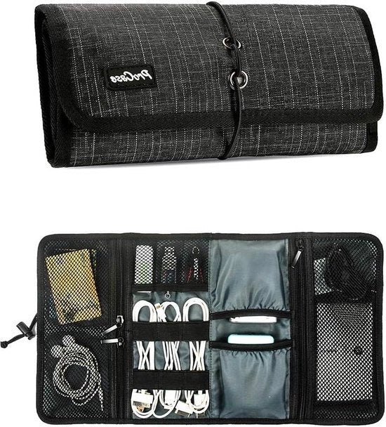 Organizzatore di accessori per elettronica e gadget - borsa con gestione di cavi - borsa portatile per kit di cura e cosmetica - nera a quadri