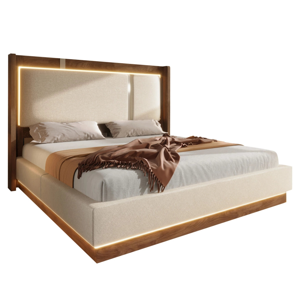 Letto imbottito 140x200 cm con LED e contenitore idraulico in lino, beige e noce
