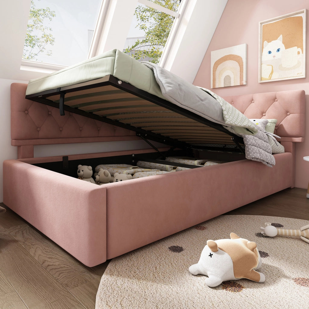 Letto imbottito 90x200 cm con contenitore idraulico; velluto rosa; senza materasso