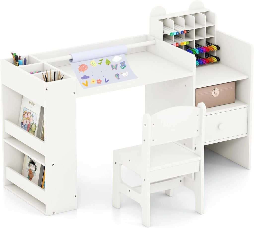 Set Tavolo e Sedia per Bambini 3+ con Porta Rotolo Carta Rimovibile | Scrivania Multifunzionale per Bambini con Mobile Cubo, Ripiani Laterali e Cassetto, Ideale per Lettura e Disegno