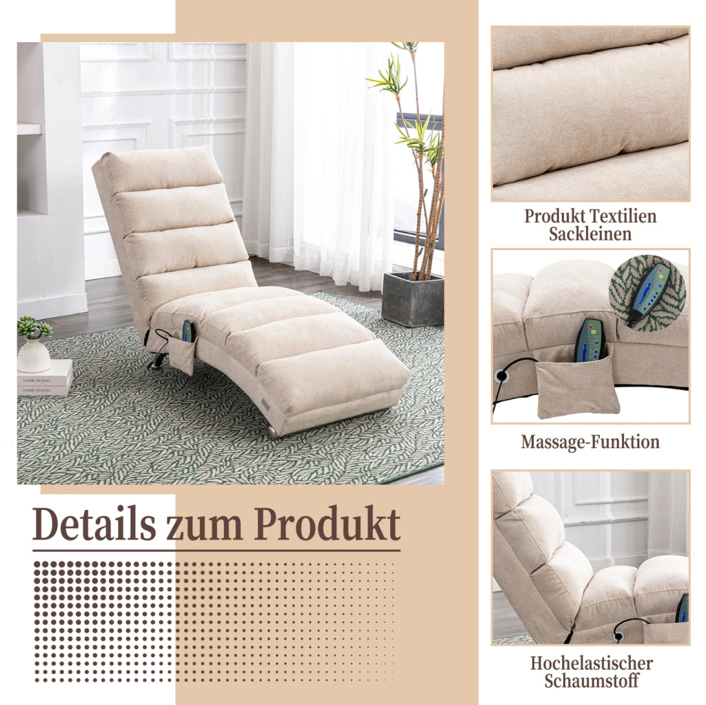 Chaise longue da relax con vibrazione; schienale ergonomico 140°; in lino beige