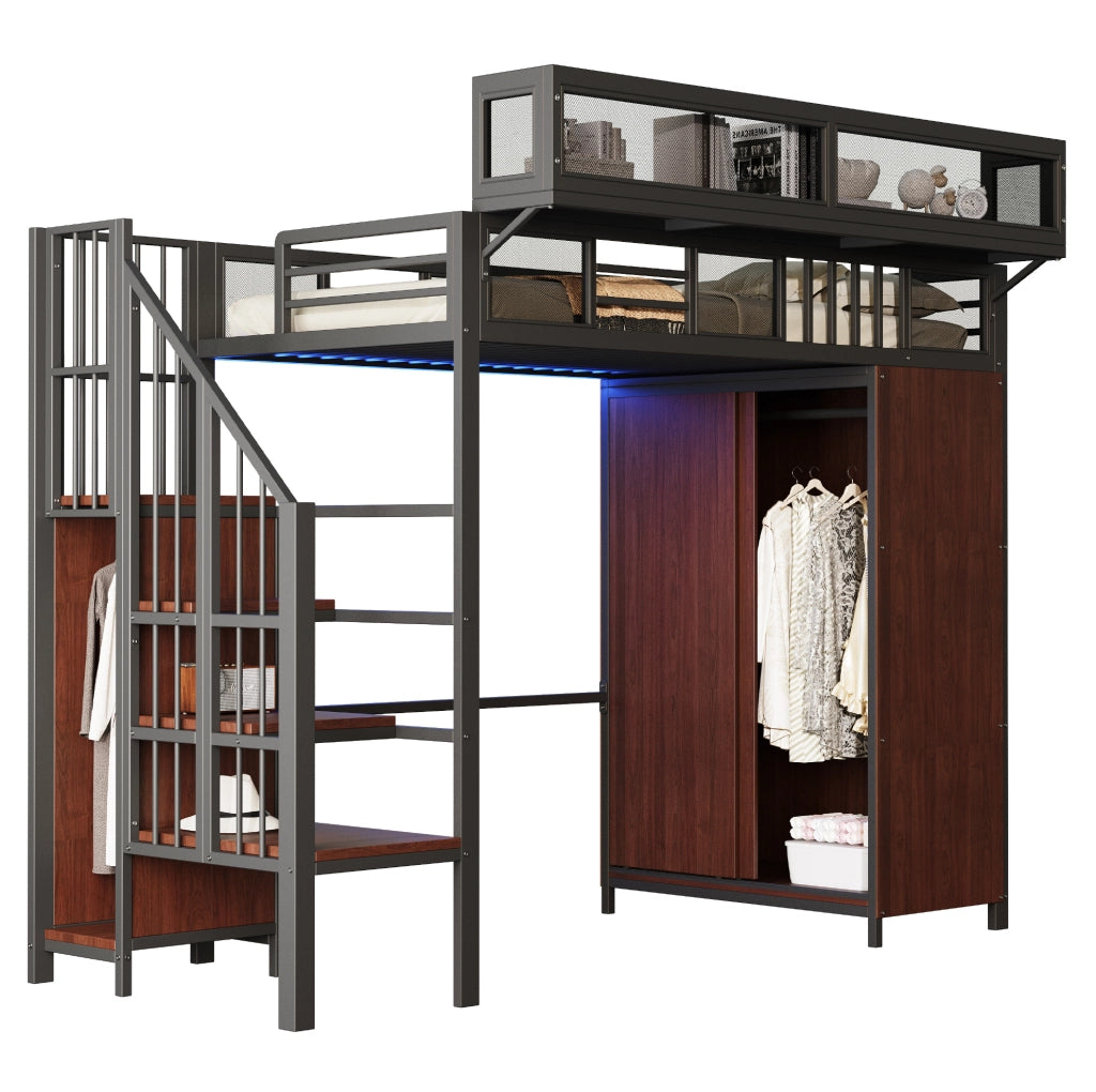 Letto a soppalco in metallo 90x200 cm con armadio; scala e LED; nero
