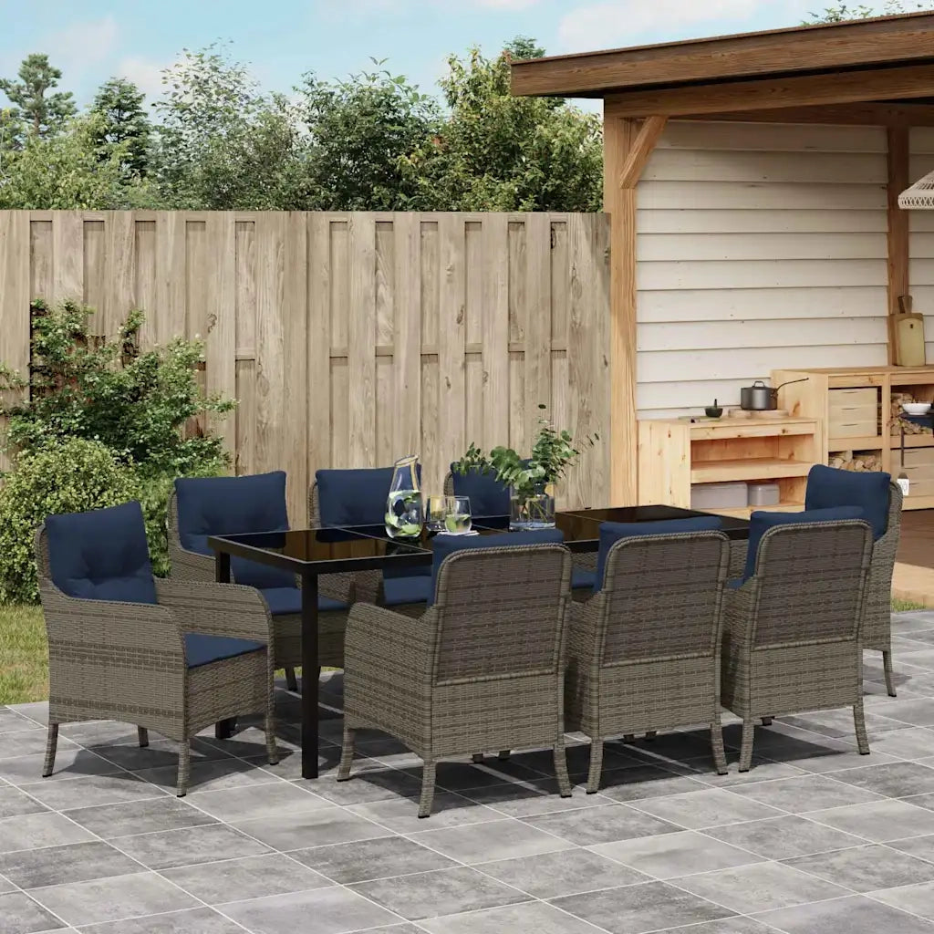 Set da Pranzo per Giardino con cuscino 9 pcs Grigio polyrattan