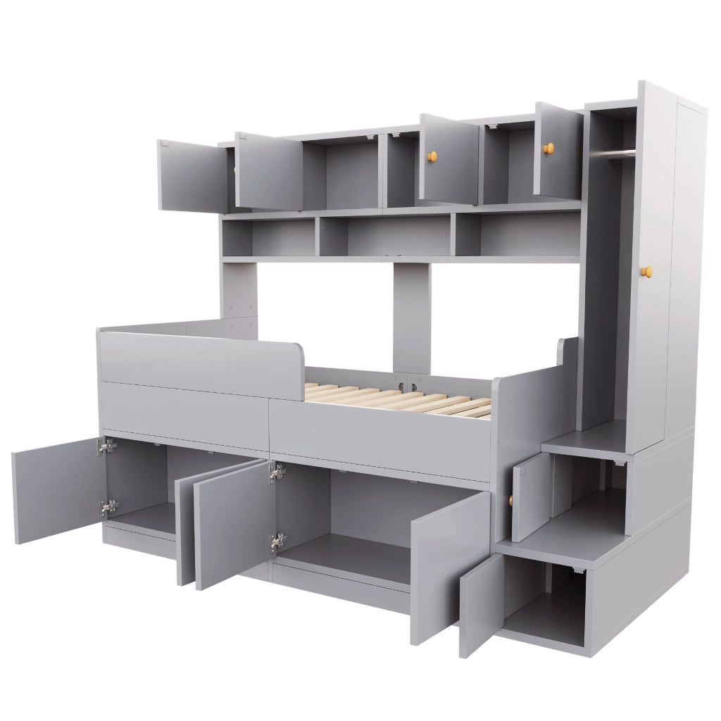 Letto a soppalco 90x200 cm con armadio; ripiani; scala; LED e parapetto di sicurezza; legno grigio