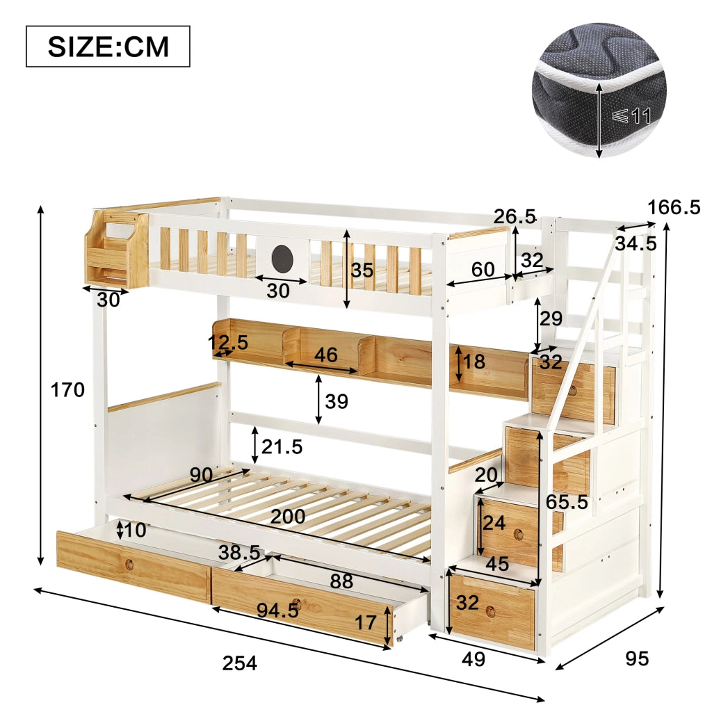 LETTO A CASTELLO con scala contenitore 90x200 cm legno e MDF bianco/naturale