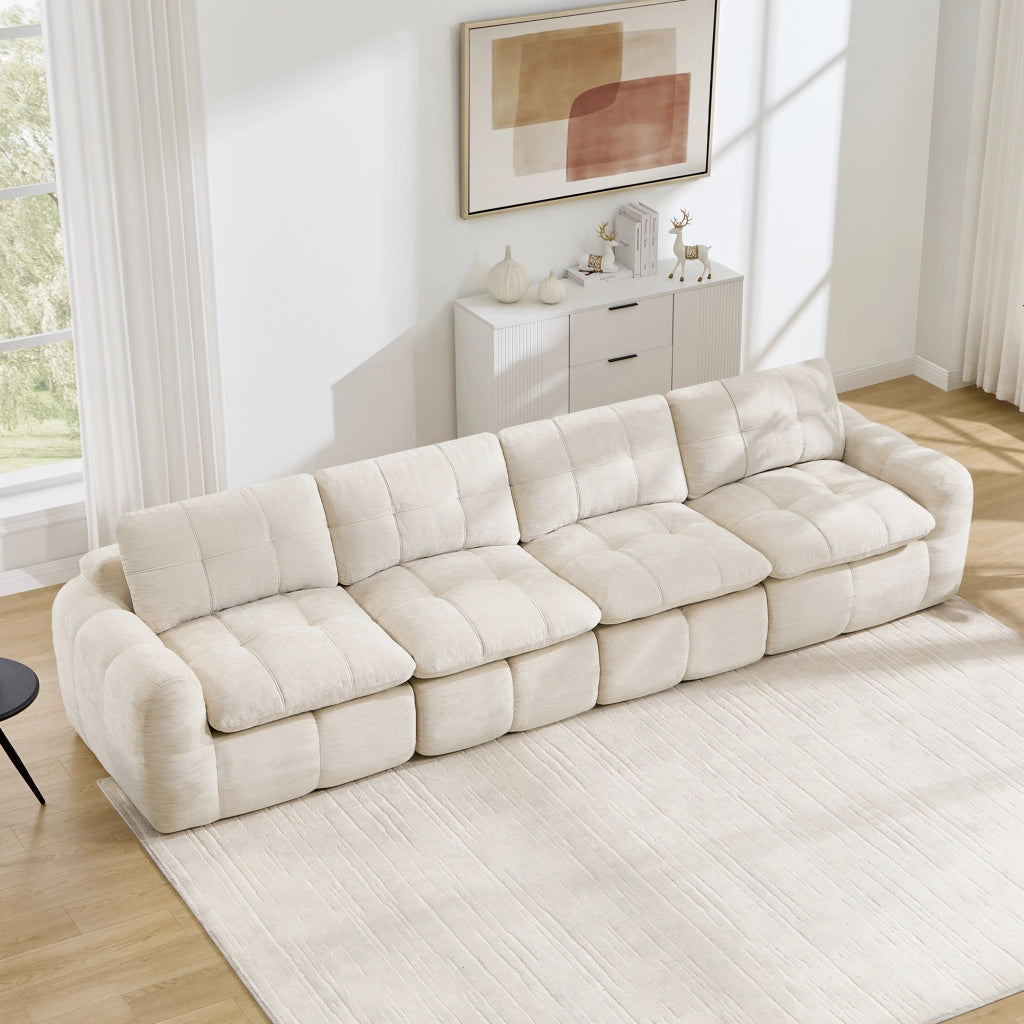 Divano modulare 4 posti senza telaio con schiuma ad alta densità e seduta ampia in ciniglia beige 334 × 97 × 68 cm