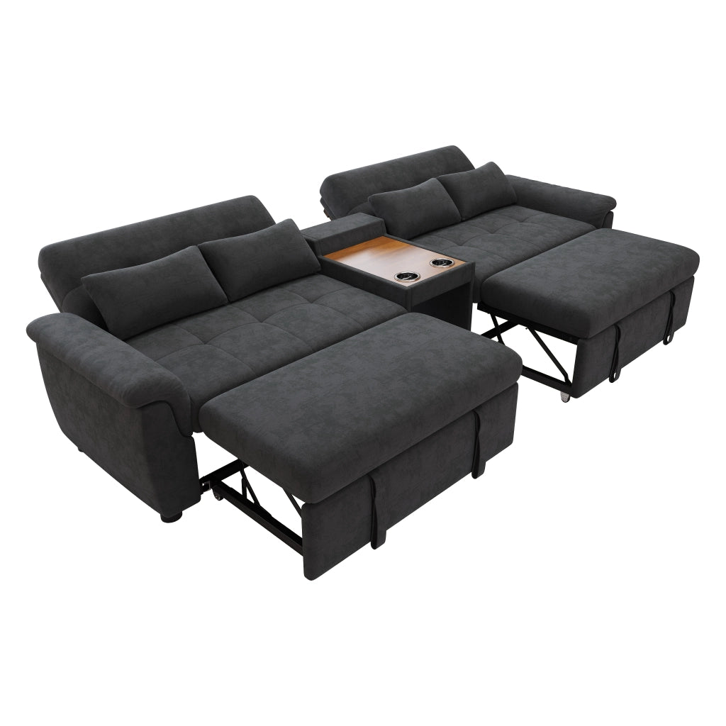 Divano letto a U multifunzionale in chenille, grigio scuro, con doppio letto estraibile, 3 posizioni dello schienale, area per animali domestici e 2 portabicchieri