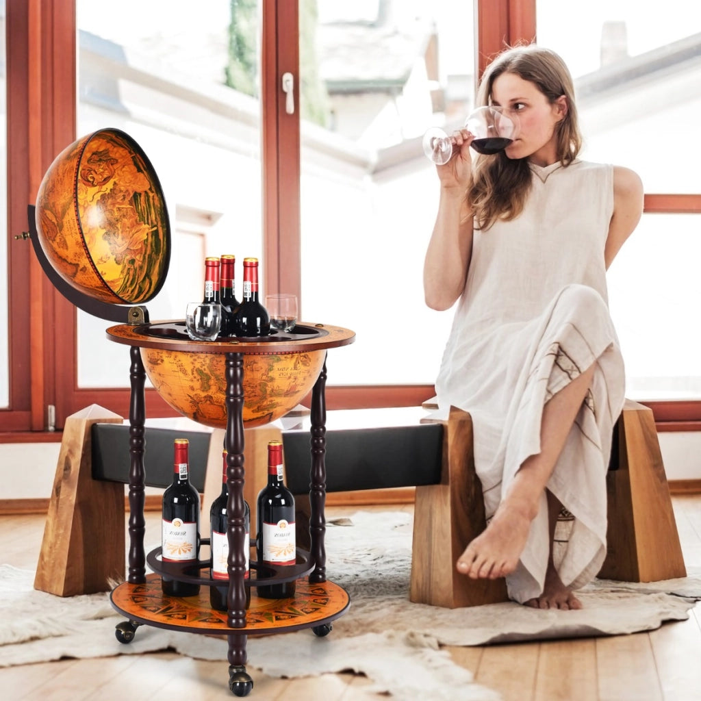 Supporto mappamondo porta vini girevole per casa e bar, Porta vino per liquori e bicchieri a stelo 47x47x90cm
