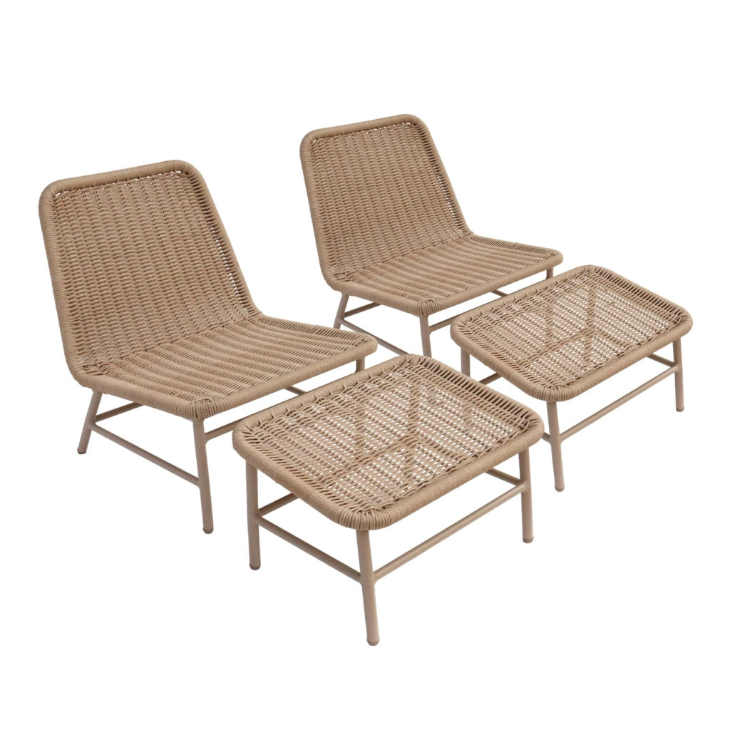 Set 2 poltrone da giardino con poggiapiedi in alluminio e corda, beige