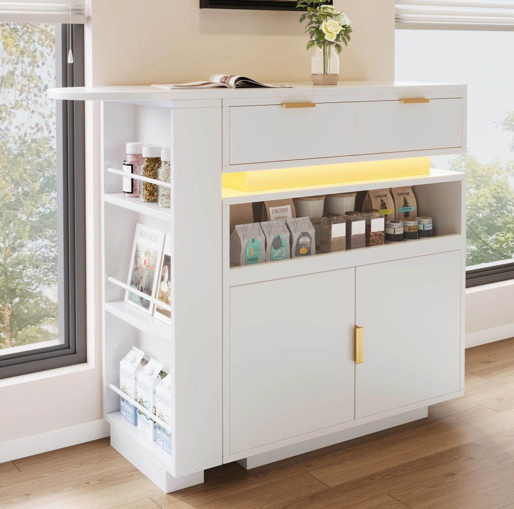 Tavolo bar estensibile con LED e contenitore, bianco
