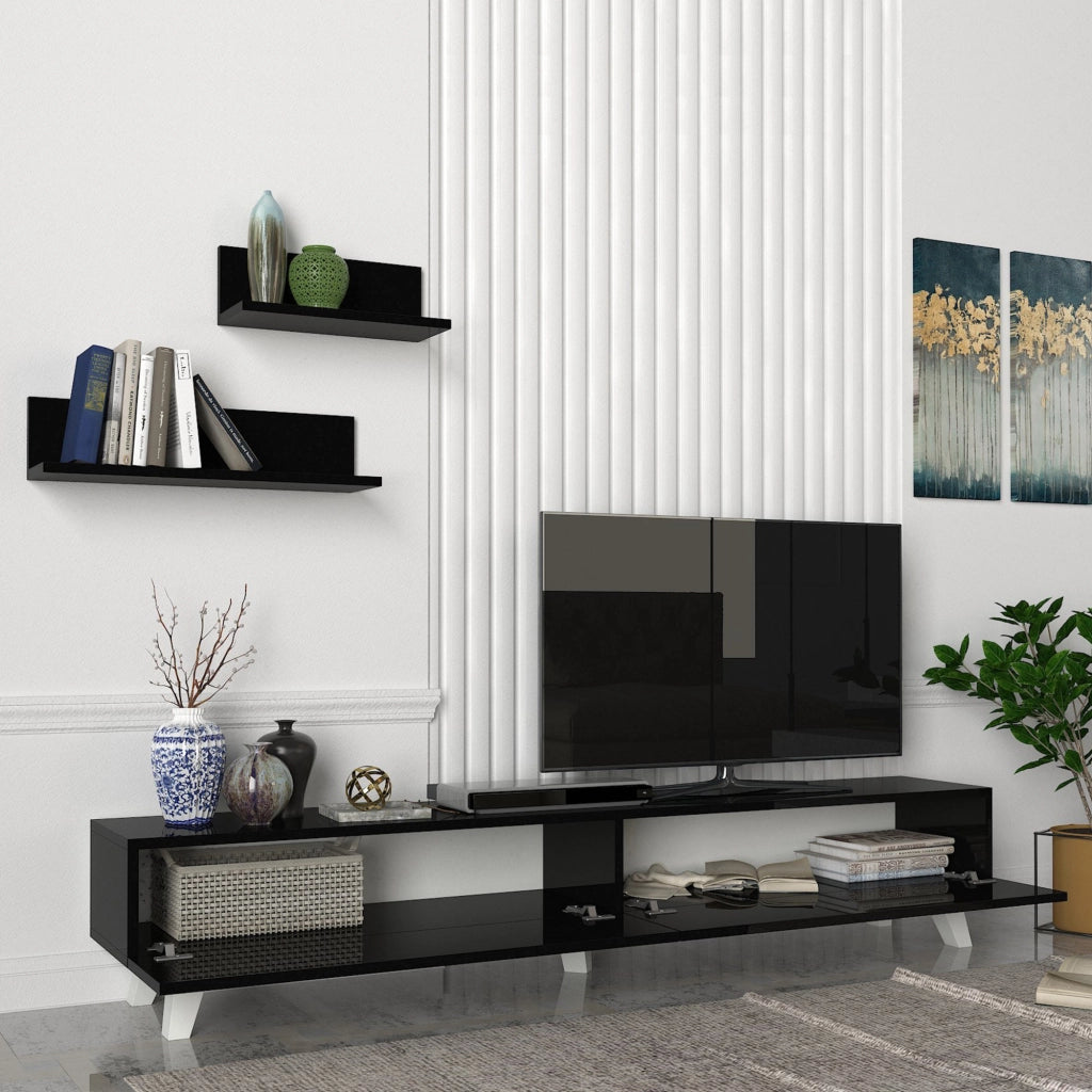 Set di Mobile TV e 2 Mensole da Muro Armadietto Porta TV 180 cm con 2 Ante a Ribalta e Mensole a Forma di L Lunghezze Diverse - Nero [en.casa]