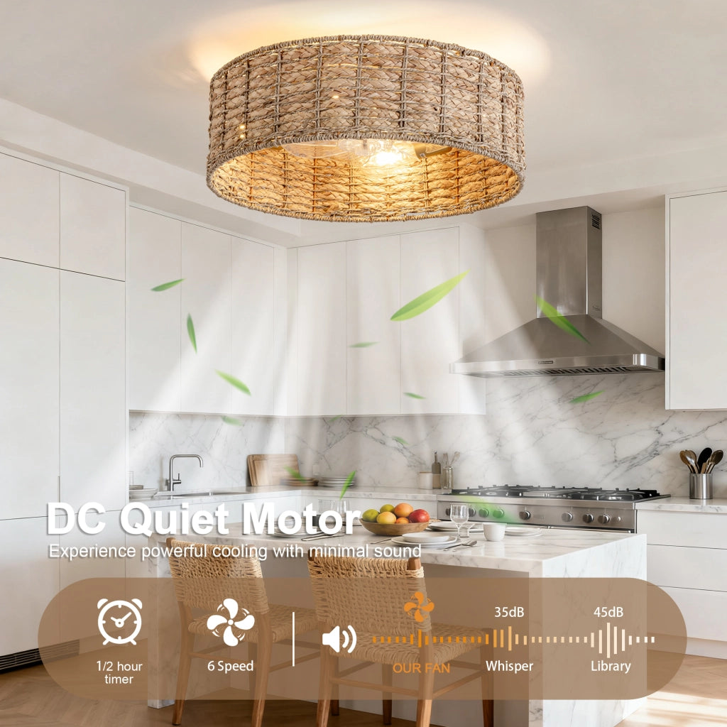 Ventilatore da soffitto 19 pollici con luce, rattan naturale, doppio controllo app e telecomando, 6 velocit¨¤ reversibili, design naturale