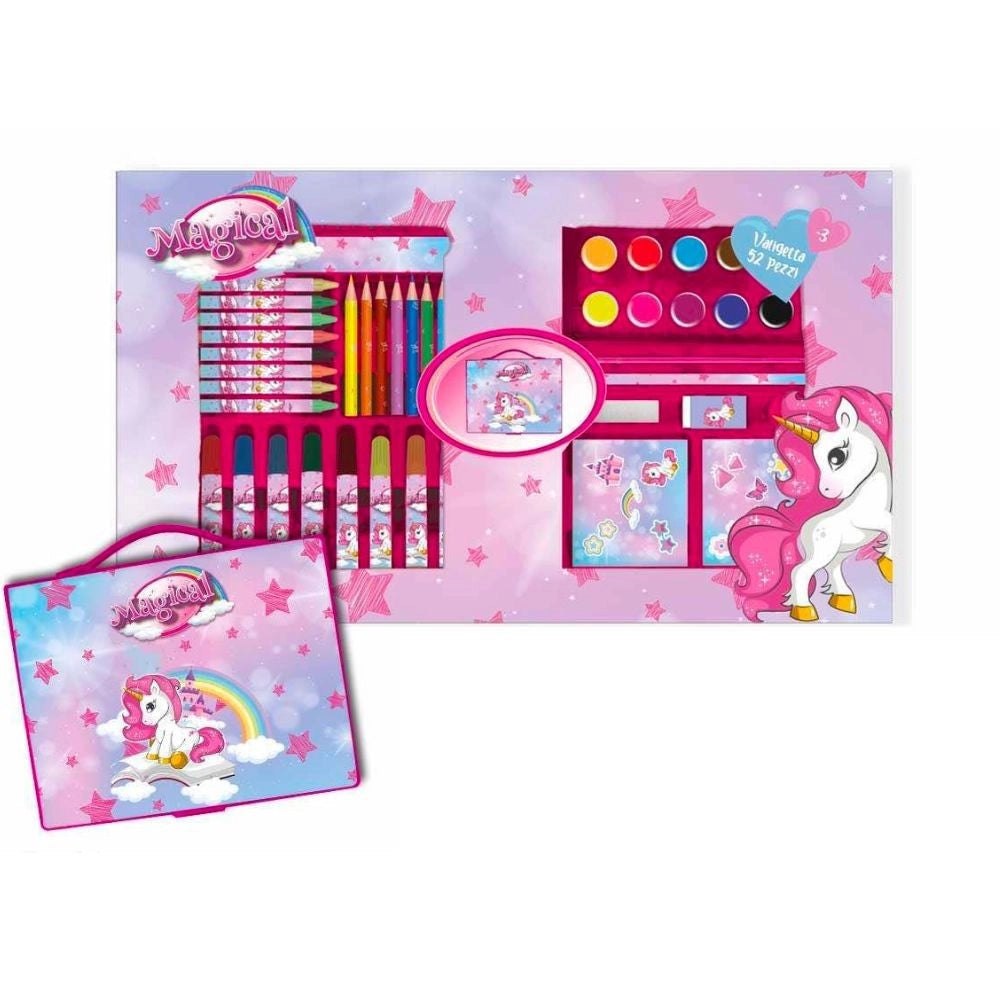 Trade Shop - Valigetta Con Colori Magico Unicorno Set Per Colorare Gioco Per Bimbe 52 Pezzi -