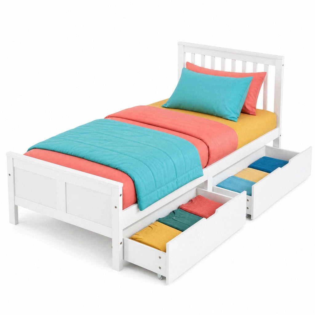 Letto singolo bianco con cassetti e struttura in legno massiccio
