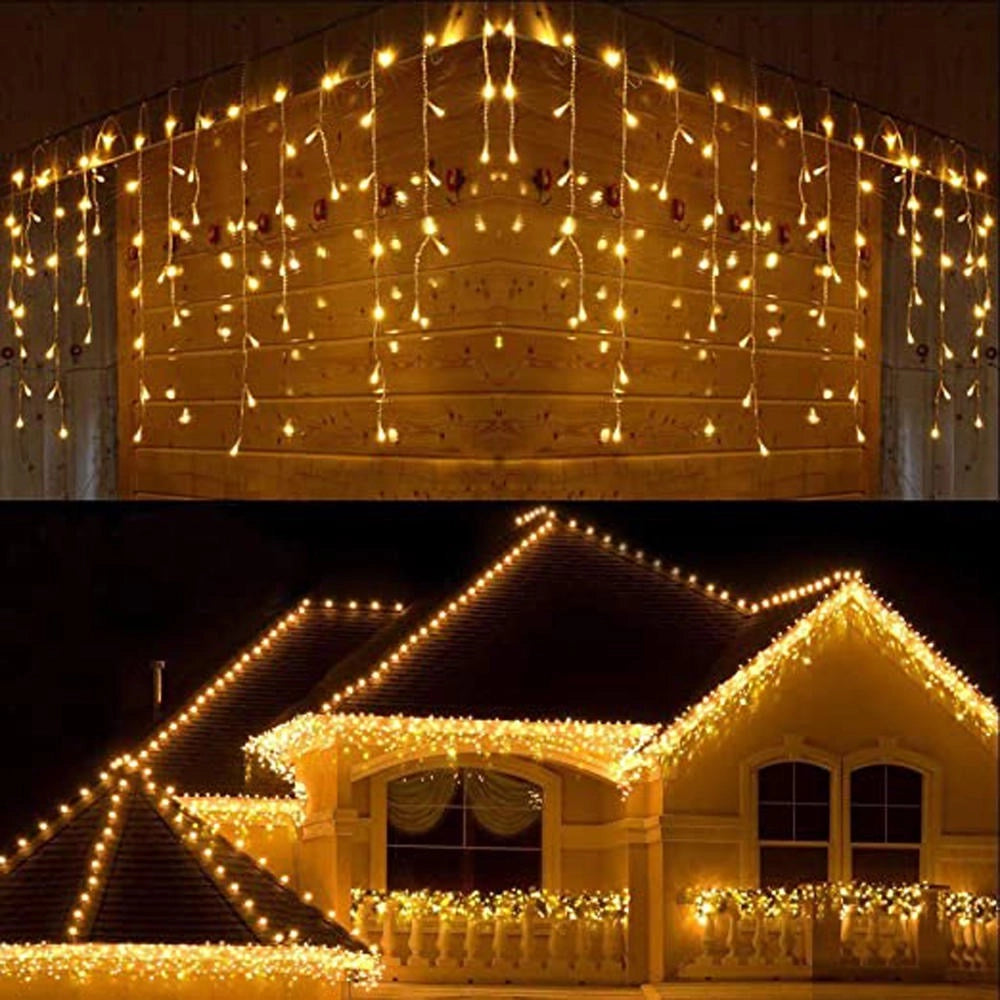 Tenda luminosa natale con 380 LED da 10mt prolungabile a luce calda fissa con flash bianchi intermittente per balcone facciate