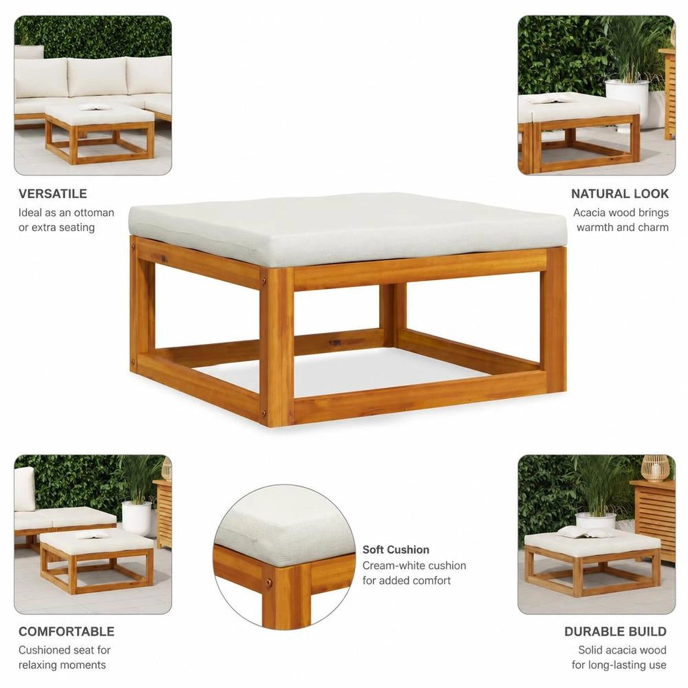 Footstool With Cream-white Upholstery, Solid Acacia Wood