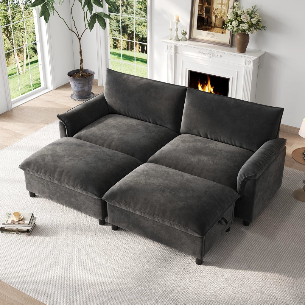 Divano modulare cloud con pouf mobili, schienale alto, seduta profonda, in ciniglia nera per soggiorno 216 × 77 × 82 cm