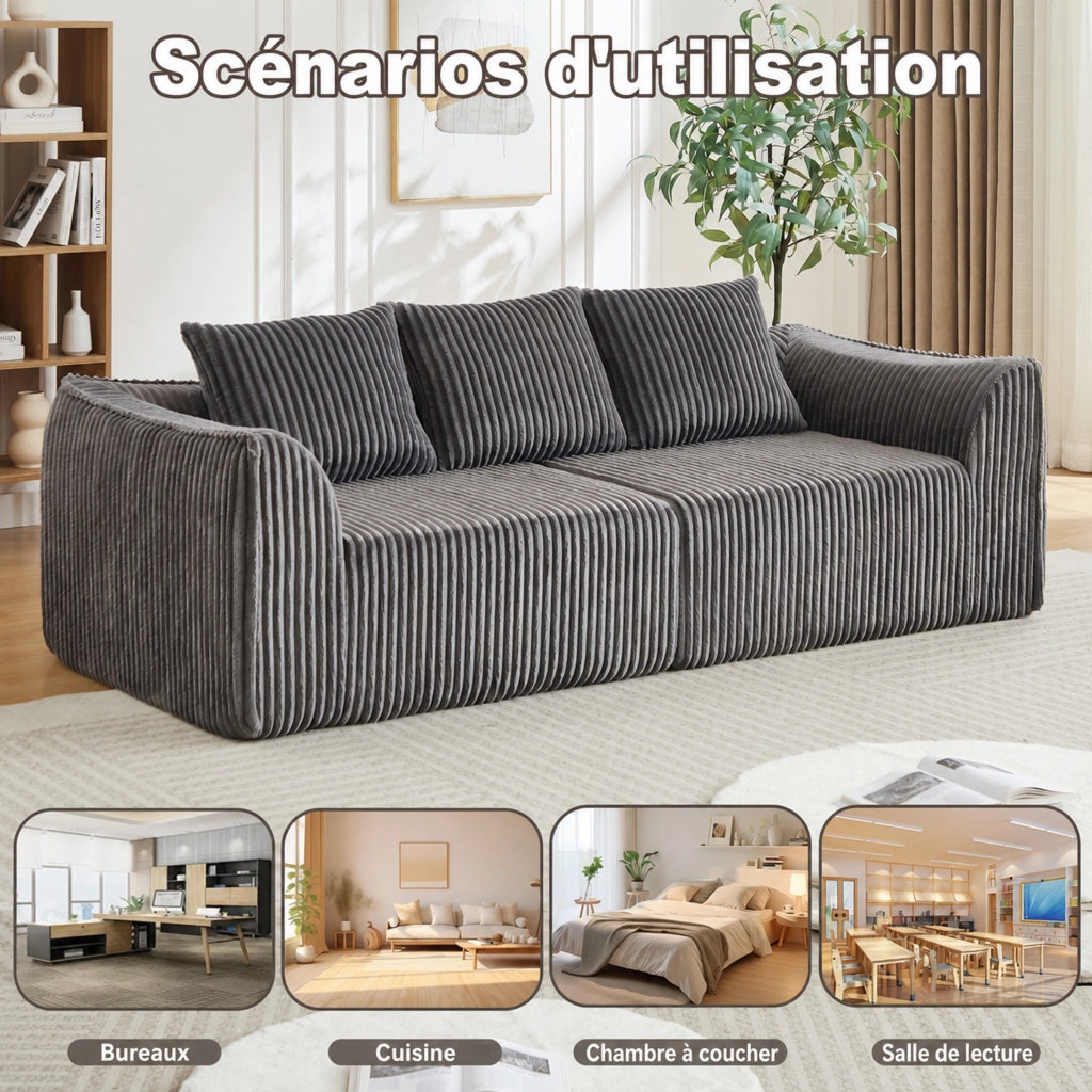 Divano modulare in corduroy con linee curve e schienale avvolgente, seduta ampia e due cuscini per soggiorno grigio