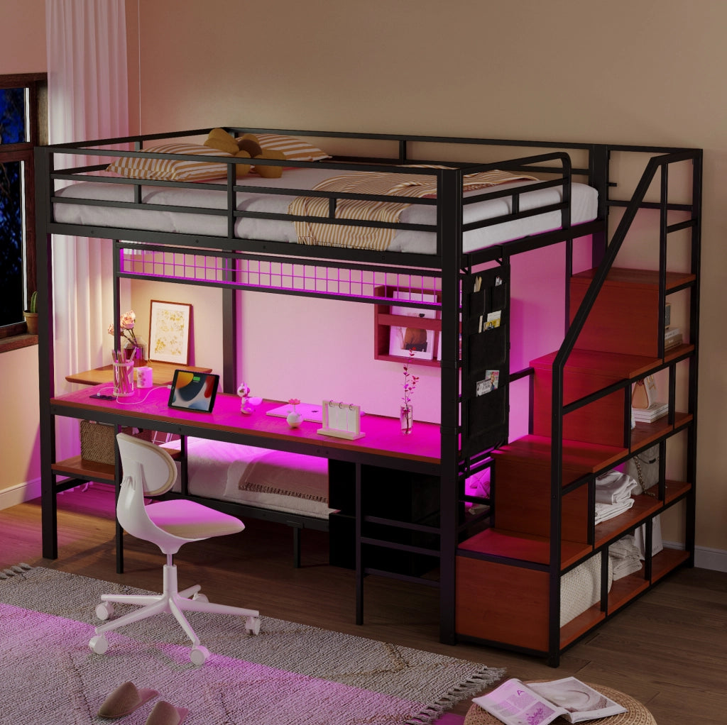 Letto a soppalco ULEVR 140x200 cm con letto inferiore 90x200, scrivania, LED e prese, metallo e MDF