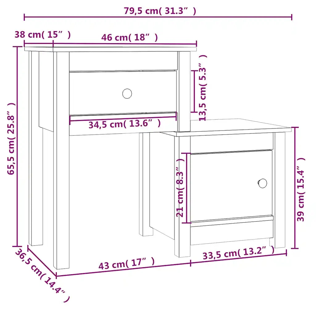 Comodino-Tavolino da notte Nero 79,5x38x65,5 cm in Legno Massello di Pino