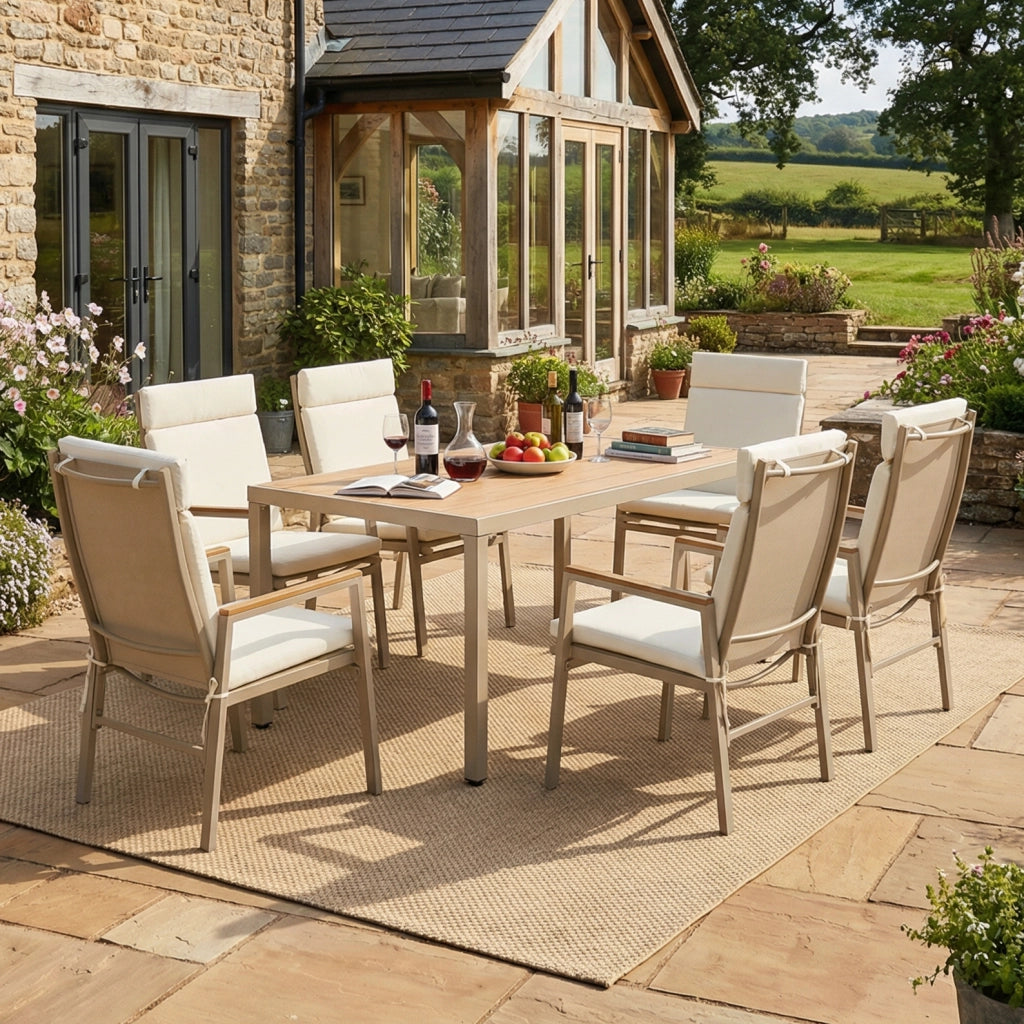 Set da pranzo da giardino set di mobili da giardino adatto a 6 persone composto da 1 tavolo e 6 sedie ferro zincato piano in legno in plastica kaki + beige