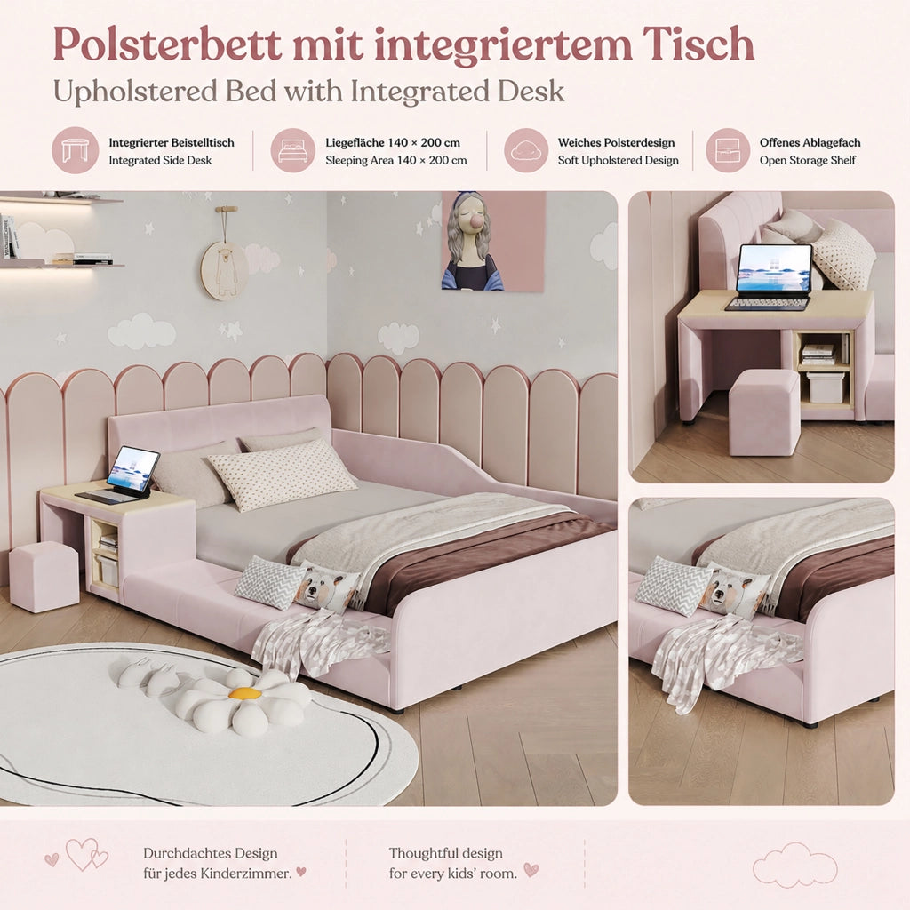 Letto singolo 140 × 200 cm con scrivania; sgabello e ripiano in velluto rosa con rete a doghe