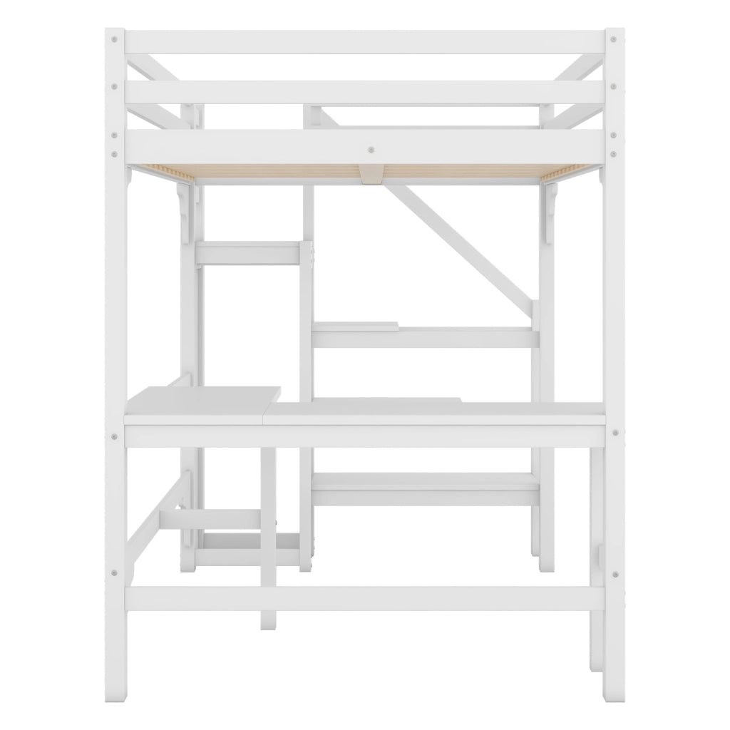 Letto a soppalco 140 x 200 cm; letto matrimoniale con scrivania a L; armadio aperto e scala contenitore; senza materasso